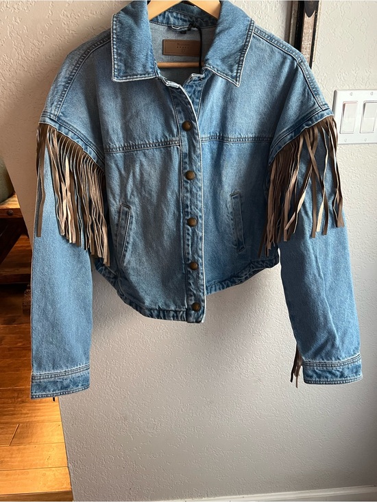 Blank NYC Jackets & Blazers - Blank NYC Light Blue Denim Jacket with Tan Fringe